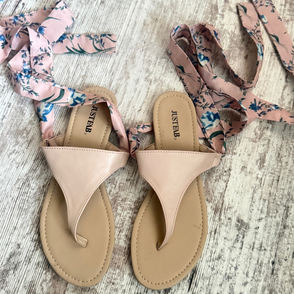 Shabby-Chic Floral Pink Tie-Up Ribbon Sandals